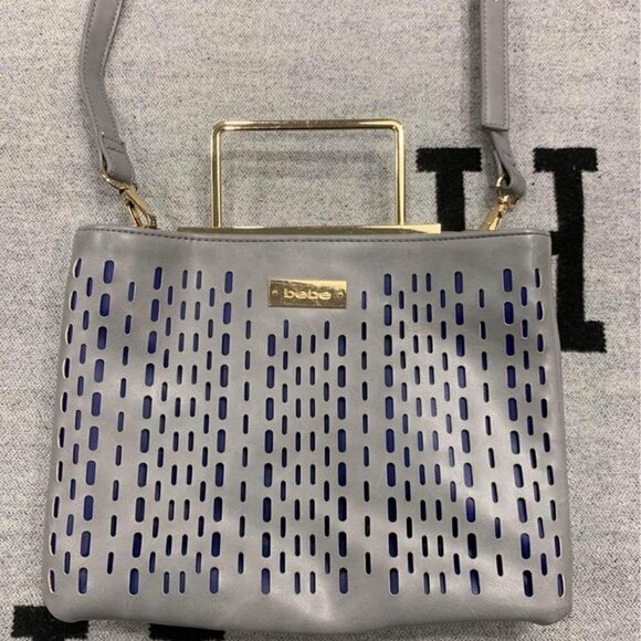 Bebe- gray crossbody bag with gold accents/handle. 2 large compartments. Adjusta - Picture 2 of 10